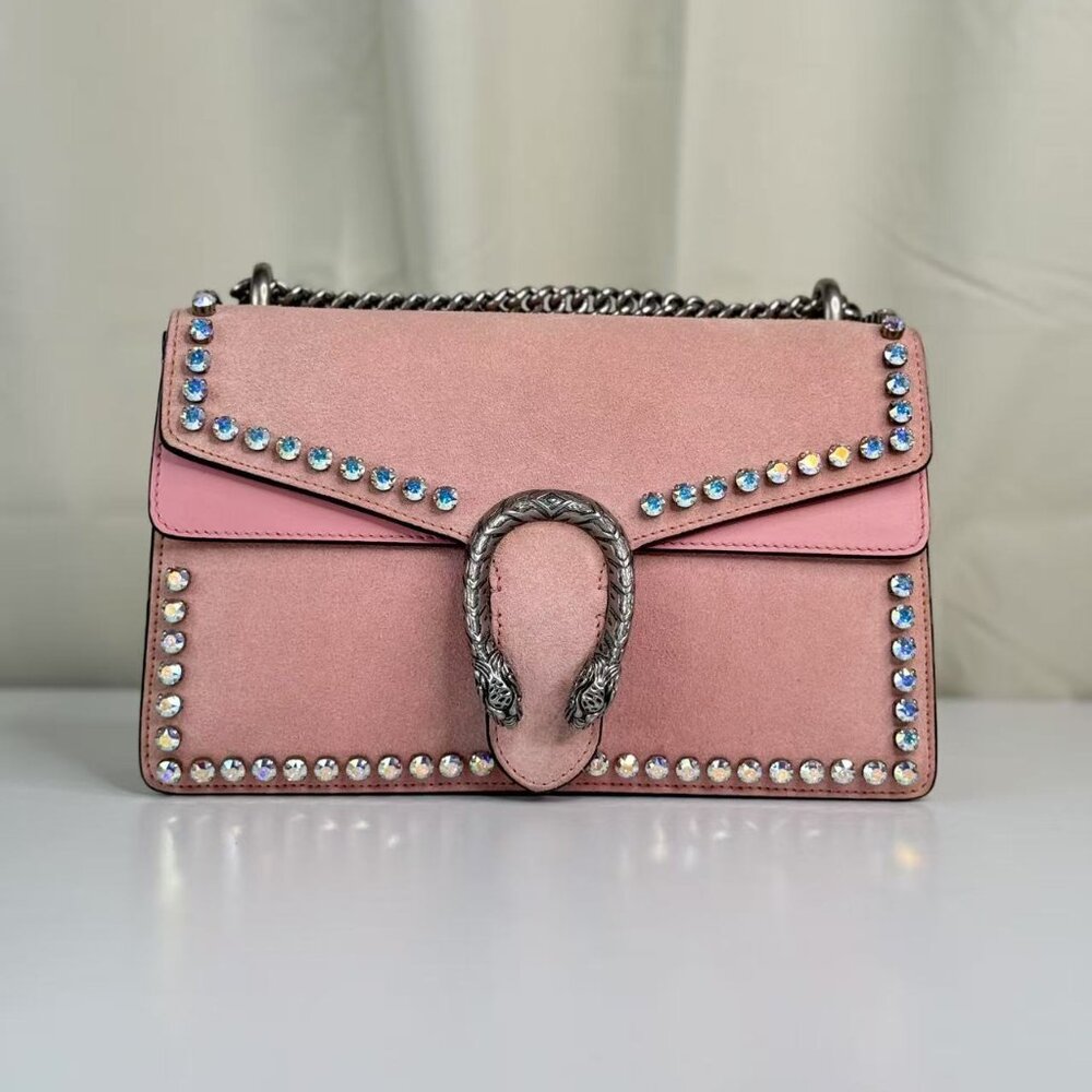 Gucci Pink Velvet Medium Dionysus Shoulder Bag with Crystal Embellishments